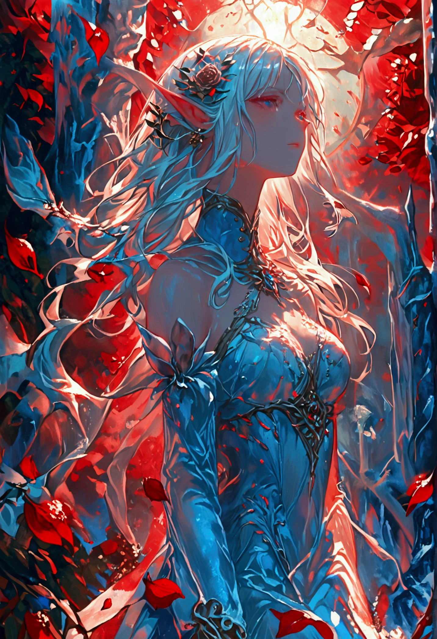 score_9, score_8_up, score_7_up, score_6_up, score_5_up, score_4_up, anime comic illustration fantasy art, (red petals: 1.3) falling from the sky on an ice statue of an a beautiful female elf standing in forest, cloud of red petals swirling around the ice statue, full body statue made from ice, beautiful elf, long icy hair strands, wearing icy dress, epic flowing (red petals: 1.3), swirling rose petals, fantasy forest background, it is dawn the sun rays reflect on the ice statue, sun rays hit the rose petals, ((high contrast: 1.5), [[anatomically correct]], high details, best quality, 8k, [ultra detailed], masterpiece, best quality, (extremely detailed), dynamic angle, intricate details, FAIstyle