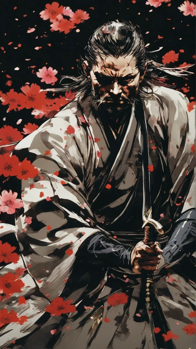 score_9, score_8_up, score_7_up, man with black jinbei, unsheathing a katana in front of his face, sakura petals flying around, serious face, Black eyes, Dark Background, Mystical Light Falls on samurai, intricate details, Epic picture, Epic scene, dramatic lighting, high budget, bokeh, cinemascope, moody, epic, gorgeous, film grain, grainy, masterpiece, best quality, yoji shinkawa