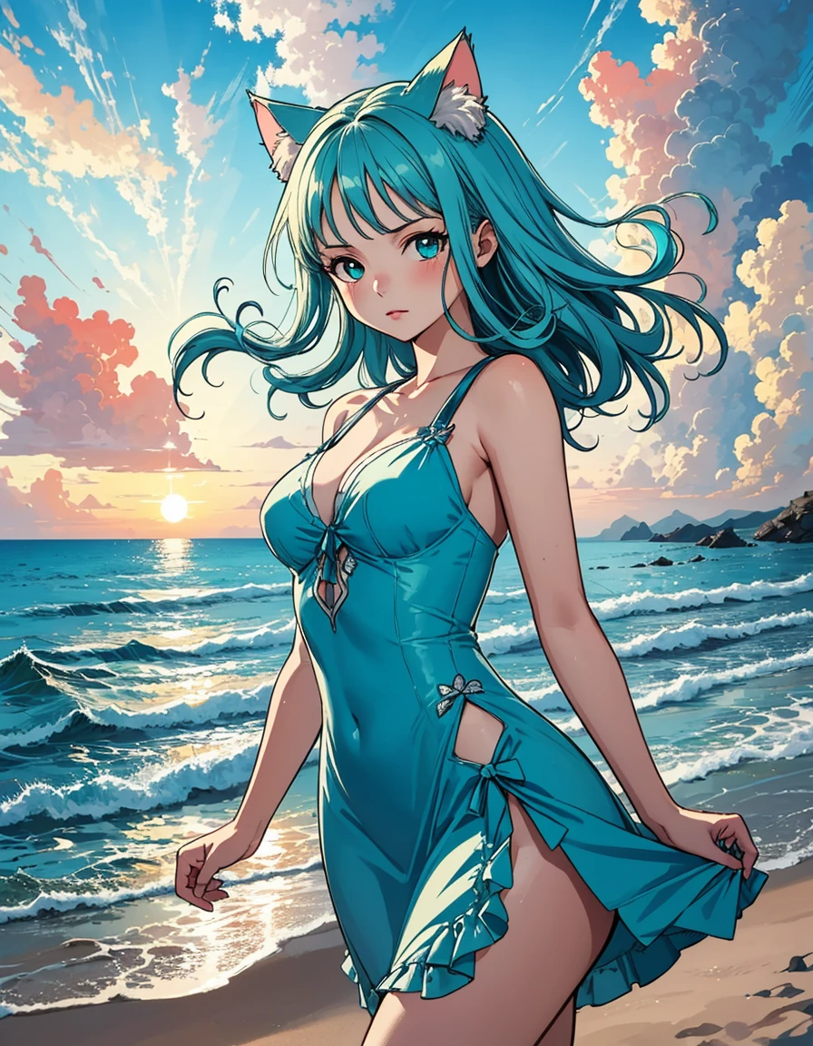 one piece dress, sunset, beach, master piece, high quality illustration, digital art,4K, cat ear, pale skin, medium breasts, aqua colored eyes, blue and aqua color hair,