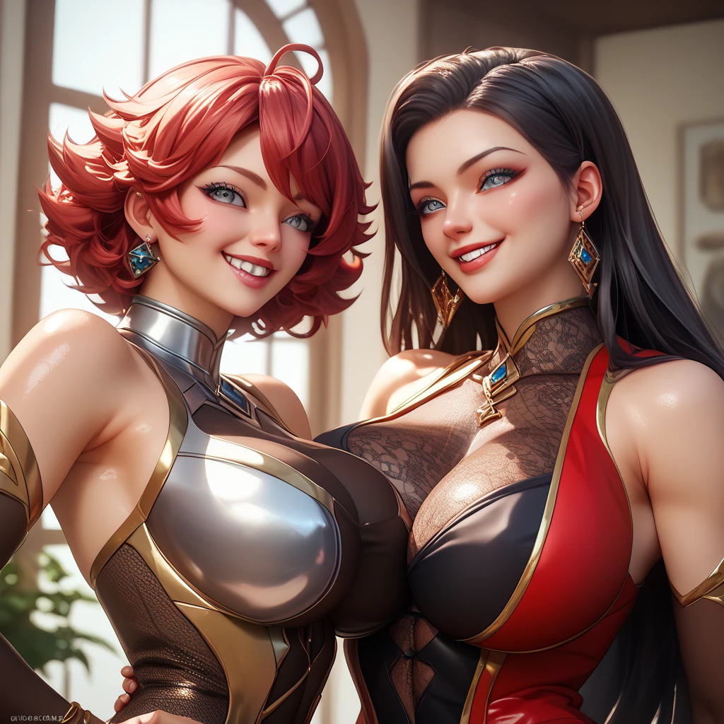 two women、dark hair、red hair、long straight hair、silver eyes、black royal gown、queen、 mature woman、shiny hair、(very big breasts),tight waist、thin waist、shiny skin、Beleza、erotic、stoic、smiling、happy,