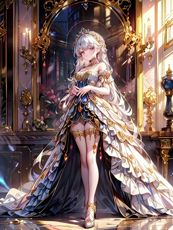 (  super detailed ), (  best quality ), ( high definition ),  1 girl, (((1 princess in   gorgeous princess rococo victorian gown with voluminous hoop skirt  ))),   A very rococo royal princess gown with beautiful embroidery and very rococo jewels  ,   gorgeous embroidery and beautiful lace  ,  sheer lace , Big Breasts,  super detailedな肌, (((  Solo Youngface Princess standing in a palace  ))),  Luxurious Ruffle Gown  , 
 break 
Fluffy shiny hair  , (( super voluminous long hair )), Curly hair, (((  asymmetrical bang ))), Beautiful jeweled tiara,  crystal earrings,   beautiful eyes , Faint lips,   delicate and beautiful face like a prostitute ,  精巧な顔と目 , Long veil, (((  anatomically accurate hands  ))),  Skintation , 
  Blake 
 , Front View,  look at the viewer ,   full body portrait , ( depth of writing),  caustics,  cinematic lighting , ( Moe anime art style :1.3), (Beautiful background), ((  gorgeous princess rococo victorian gown with voluminous hoop skirt  )), 