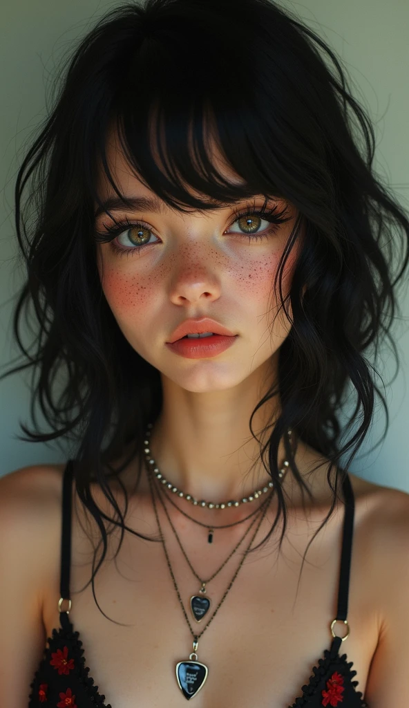 beautiful lady, ((juicy pink lips)),red eyes, black hair, freckles, dark makeup, hyper detailed photography, soft light, ,, best quality, (detailed beautiful face, detail skin texture, ultra-detailed body:1.1), (massive perfect breast), closeup portrait, snoopy breast, naked , dark atmosphere, highly detailed skin texture, extreme details,