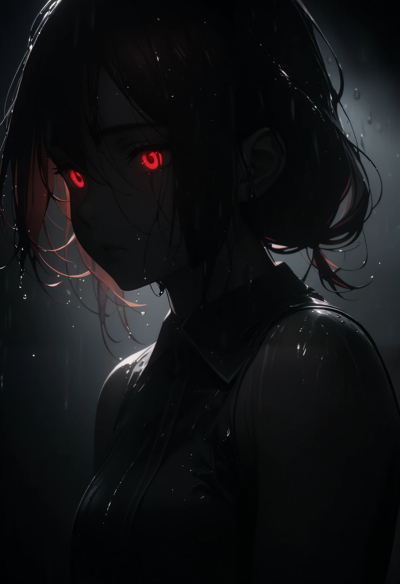 Anime girl with red eyes staring at something in the dark - SeaArt AI