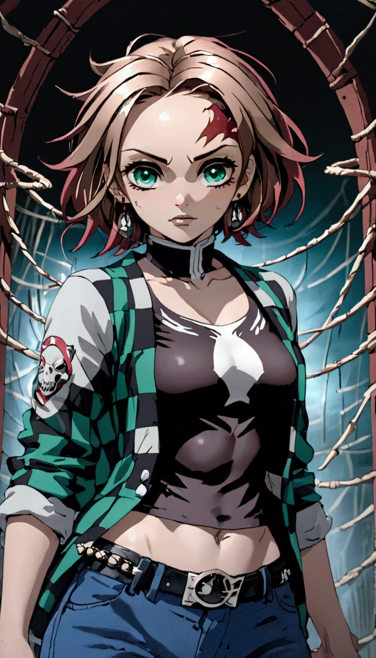 (  masterpiece ),  Best Quality ,  Expressive Eyes ,  perfect face,  highres icon, (Woman1.5), 1 , Alone,(Help), (originaloutfit), (scar,scar on forehead, checkered clothes, 1 ,  red hair ), ( long red hair ),(black and green plaid jacket),(black pants), fantasy background, standing,  Upper body portrait ,  looking at the observer ,