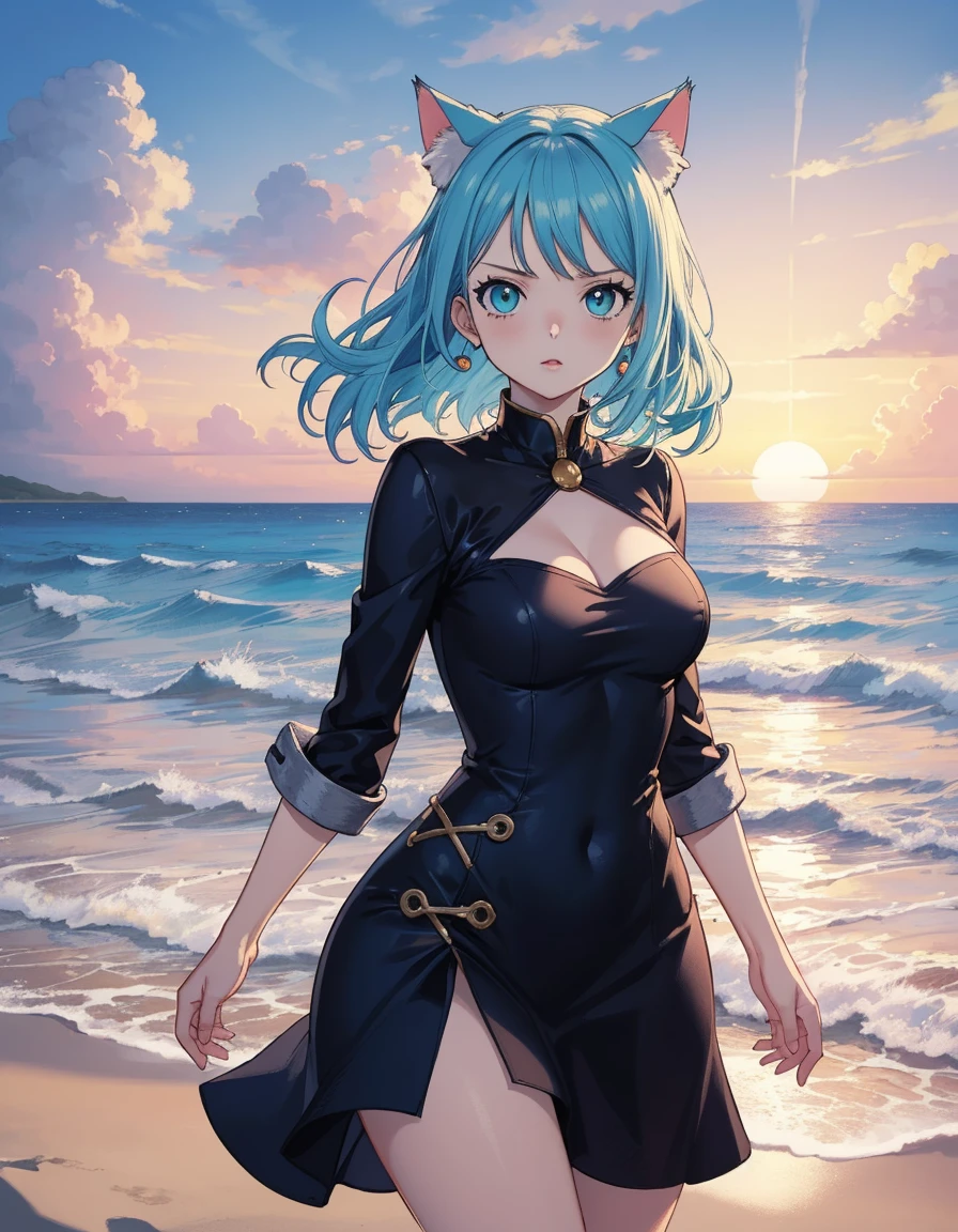 one piece dress, sunset, beach, master piece, high quality illustration, digital art,4K, cat ear, pale skin, medium breasts, aqua colored eyes, blue and aqua color hair,