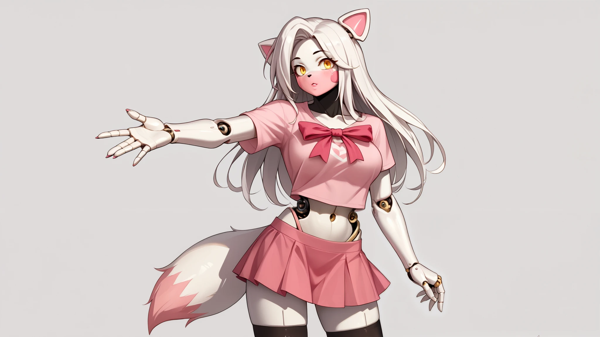score_9,score_8_up, score_8, source_anime, source_anime, mangleFNIA,1girl,solo,long hair,large breasts,bow,animal ears,tail,yellow eyes,white hair,topless,furry,furry female,robot girl,white fur,bow,pink panties,tail,robot joints,pink fur,short pink skirt,sexy black stockings, pink T-shirt,An outstretched hand