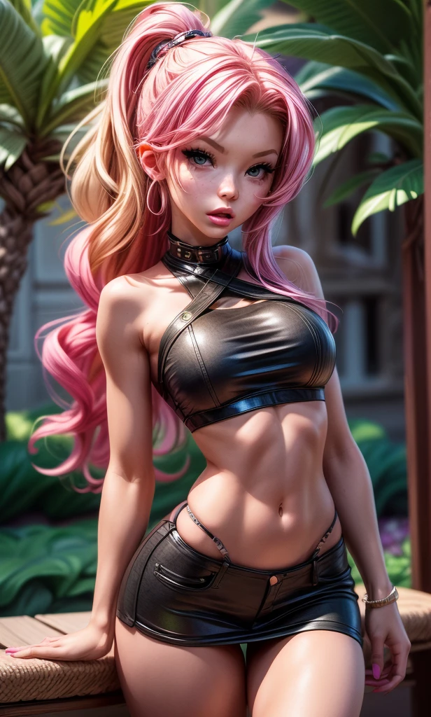  masterpiece, high detail,  a girl, adolescent, s, Barbie Sins , beautiful,  Pink hair,  green eyes,  curly hair , slim, small,  full body ,  flat chest ,  cute legs, piernas slims, black top, pink skirt, sexy, por la noche,