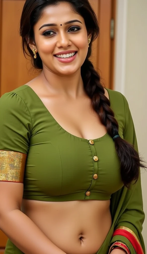 full body showing of ((Nayanthara)), ((Nayanthara)), front view, curvy, front opening green blouse with hooks and petticoat, in bedroom, French braid hair, smile , front view , cleavage 