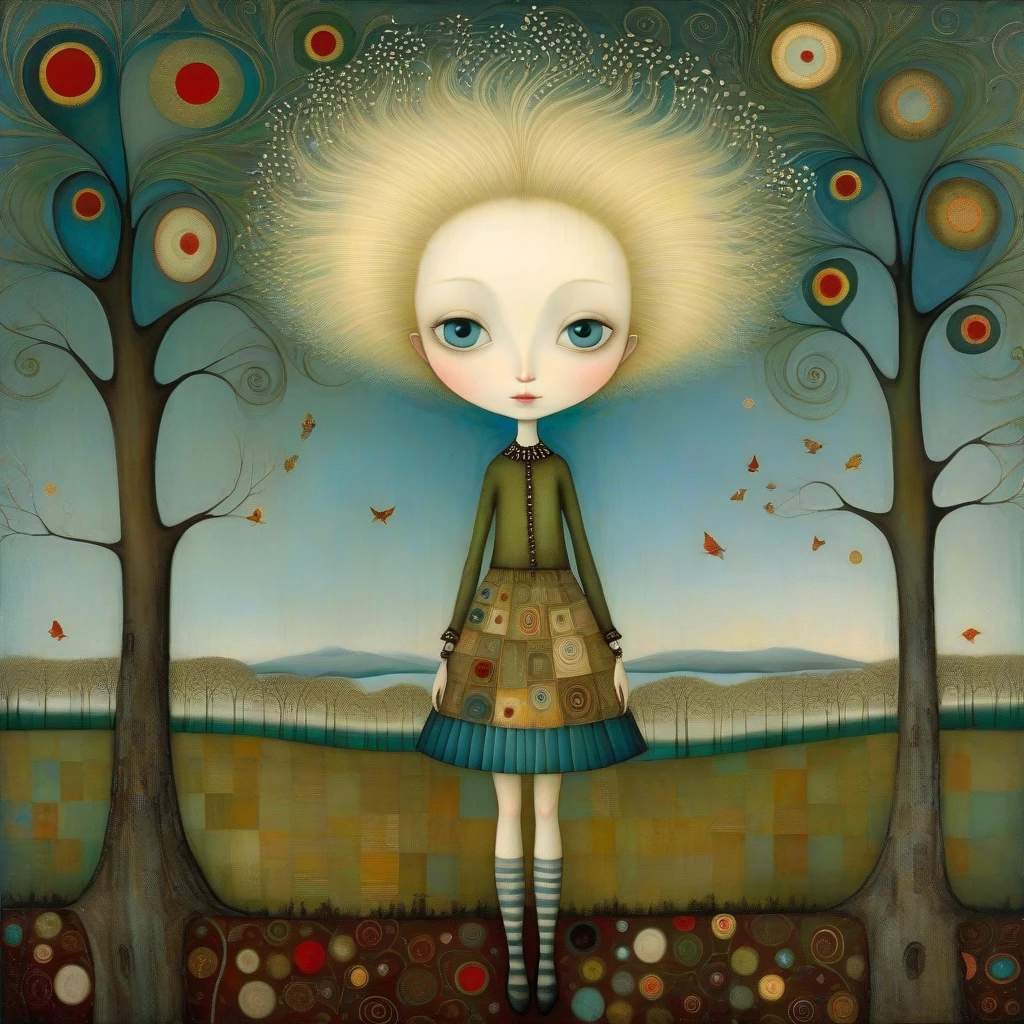 Patchwork by Klimt, Nicoletta Ceccoli, Naoto Hattori, Catrin Welz-Stein, Leonora Carrington of wide shot of A young woman, blond hair, skirt. Big, sweet blue-green eyes, the barely-there smile . She is cold from a light wind that tousles her hair. She walks along a tree-lined avenue. to her right a lake in autumn
