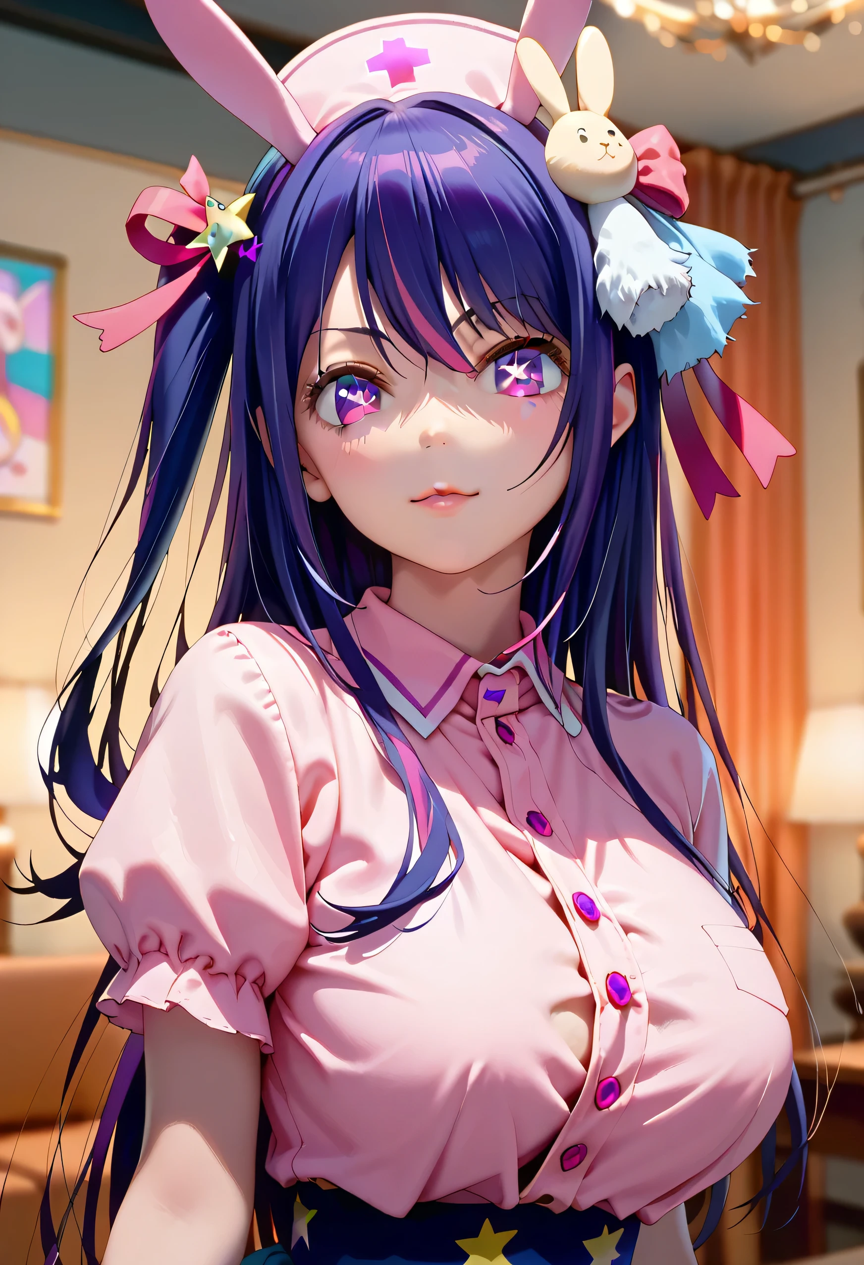 Ultra realistic anime character graphics , teenager , Linda, Hoshino Ai, urple hair,purple eyes,long hair,(star-shaped pupils),one side up, idol,bunny hair ornament,hair ornament,star hair ornament,(large breasts:1.3), with torn nurse uniform , in a naughty way ,in the room , HEAD ON , with the night scene ,sexy look, Ultra realistic graphics