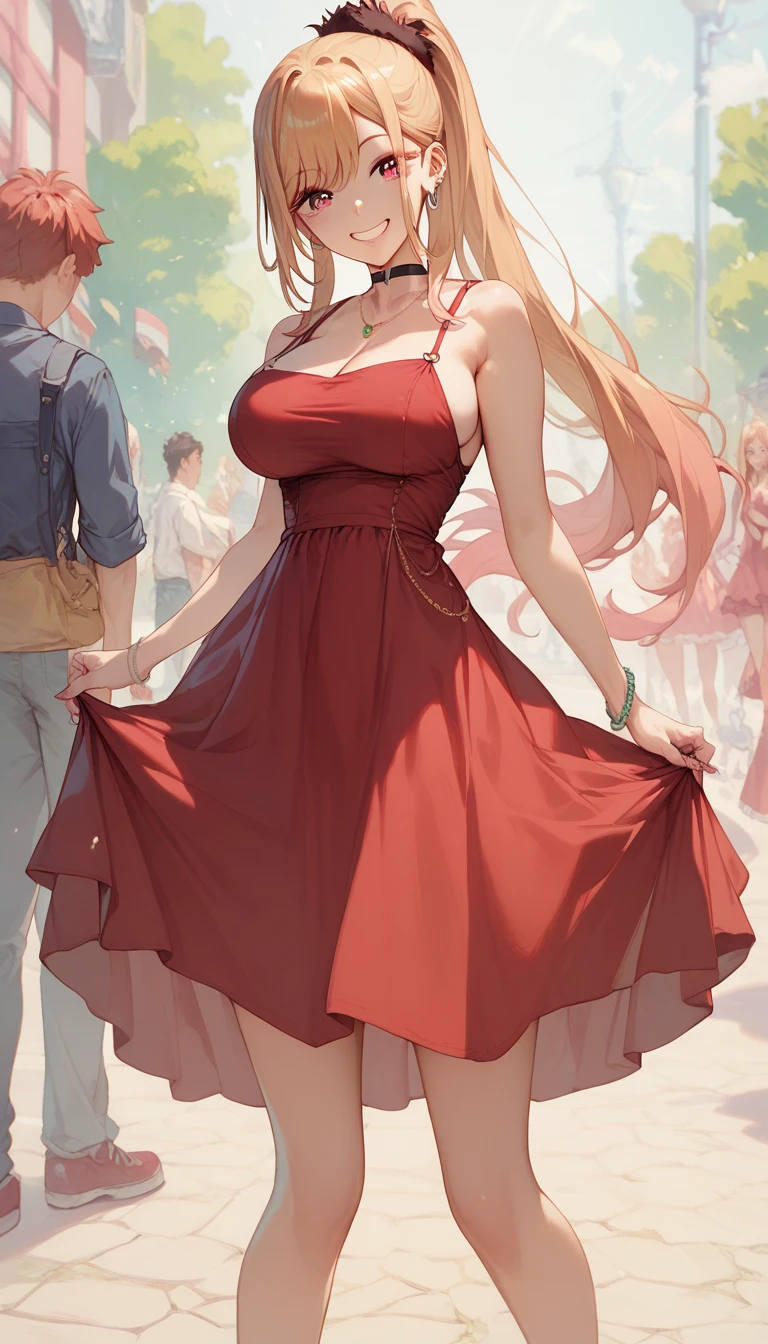 1 girl, Big breasts, tall, Kitagawa Marin , ((Ponytail)), ((Red dress)),    Turning to the viewer, ((Whole body)), cute smile, 