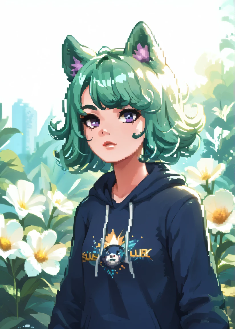 ultra detailed, extremely detailed, sharp focus, 1girl, short blue hair with purple streak, purple eyes, hat, t-shirt, pastel blue hoodie, wolf ears, animal ears, flowers blooming around her, shiny, glitter, more prism, vibrant color, cinematic angle, cinematic lighting, source_anime, pixel art, FntsyBG_XL , dynamic pose, cinematic angle, cinematic lighting, BREAK PonyXLV6_Scores