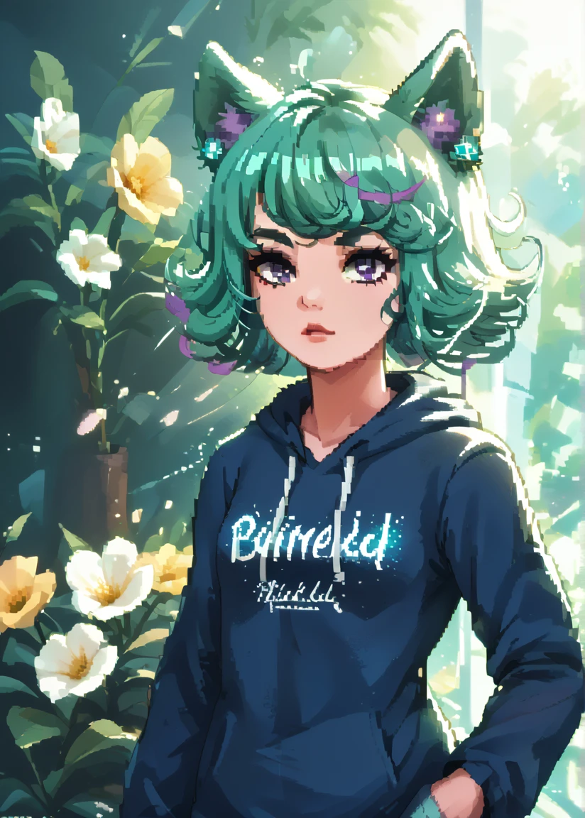 ultra detailed, extremely detailed, sharp focus, 1girl, short blue hair with purple streak, purple eyes, hat, t-shirt, pastel blue hoodie, wolf ears, animal ears, flowers blooming around her, shiny, glitter, more prism, vibrant color, cinematic angle, cinematic lighting, source_anime, pixel art, FntsyBG_XL , dynamic pose, cinematic angle, cinematic lighting, BREAK PonyXLV6_Scores