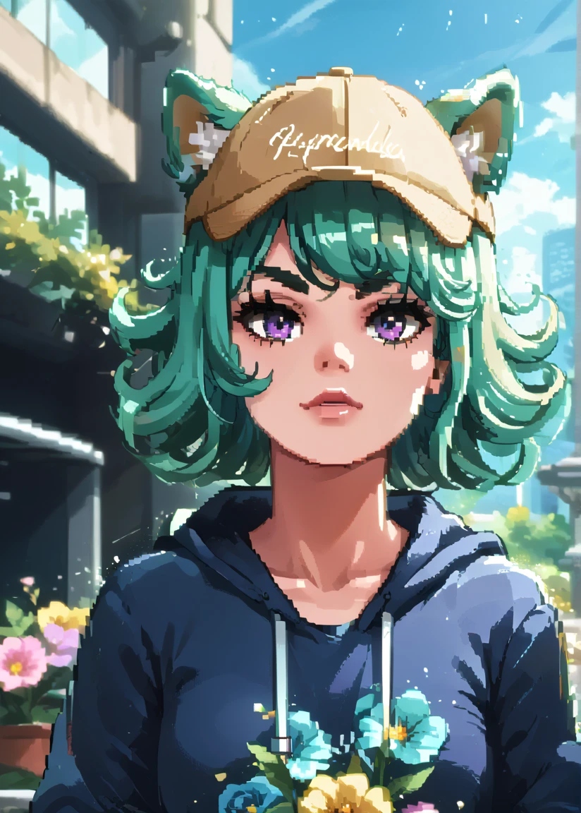 ultra detailed, extremely detailed, sharp focus, 1girl, short blue hair with purple streak, purple eyes, hat, t-shirt, pastel blue hoodie, wolf ears, animal ears, flowers blooming around her, shiny, glitter, more prism, vibrant color, cinematic angle, cinematic lighting, source_anime, pixel art, FntsyBG_XL , dynamic pose, cinematic angle, cinematic lighting, BREAK PonyXLV6_Scores