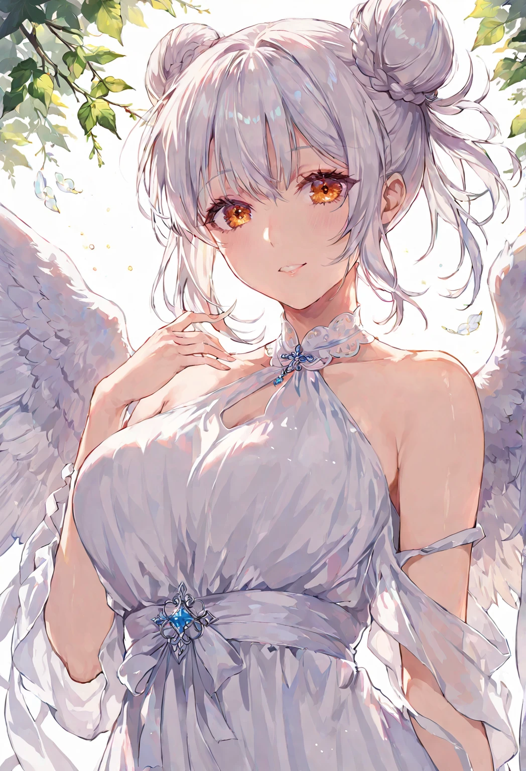 1 girl, solo, mature woman, white dress, white hair, loose bun, angel