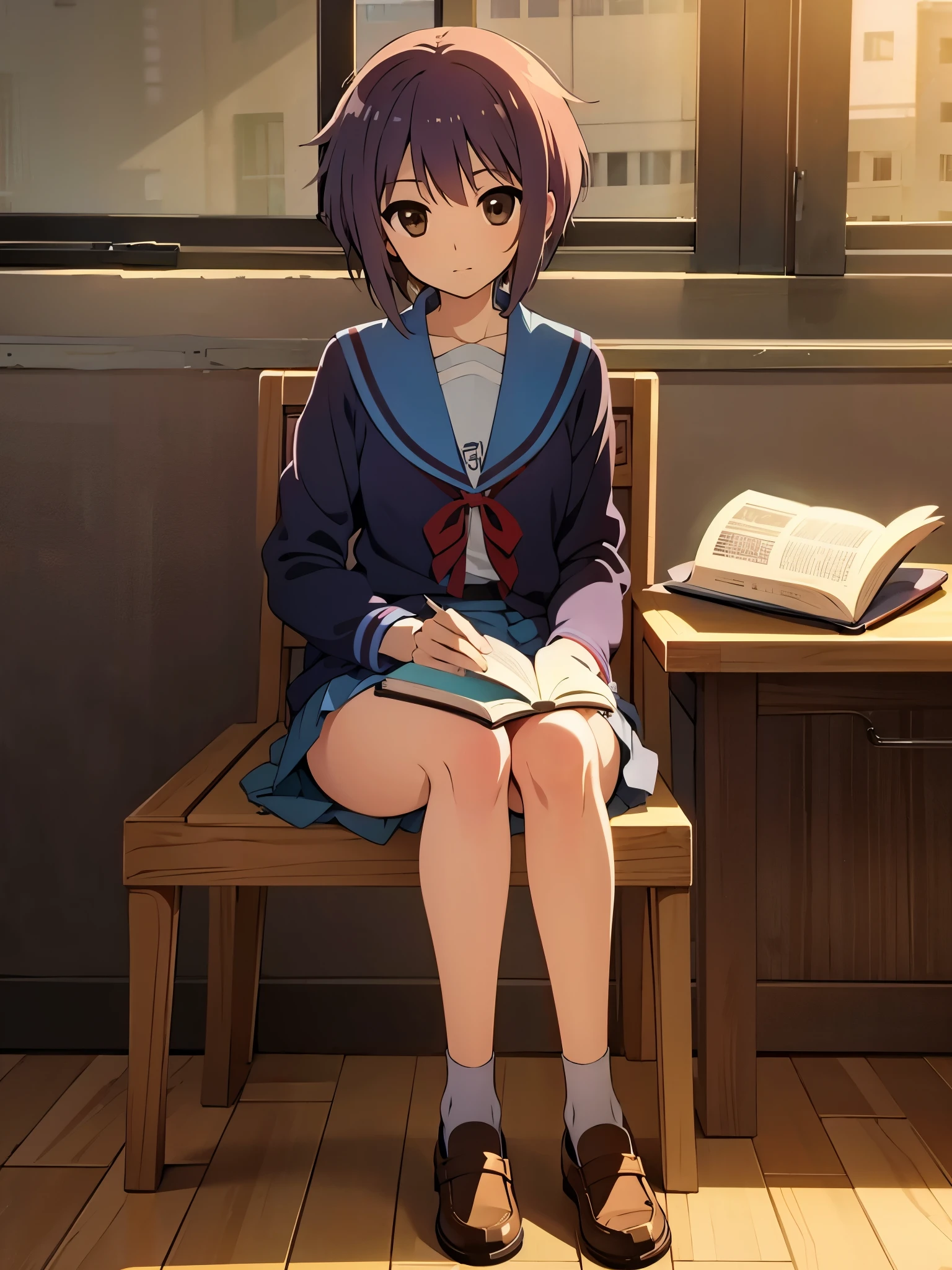 anime style, best quality, 8k, high res, masterpiece, wearing school uniform, detailed face, indoor, in crass room, sitting, have a book, looking book,