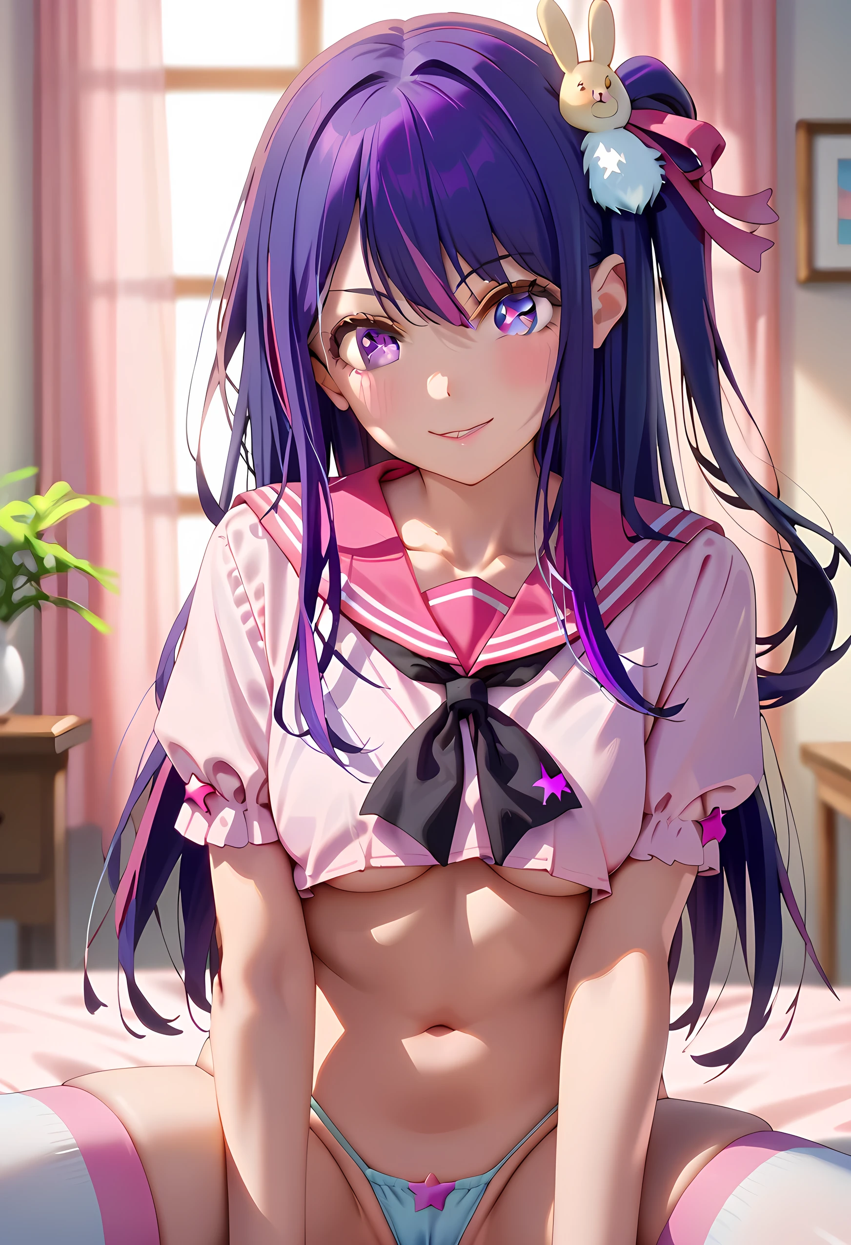 masterpiece,best quality,1girl,hoshinoai,purple hair,purple eyes,long hair,(star-shaped pupils),one side up, idol,bunny hair ornament,hair ornament,star hair ornament,undersized clothes,crop top,underboob,sailor collar,black neckerchief,blue miniskirt,micro panties,panty straps,stripped thighhighs,thong,looking at viewer,smile,blush,