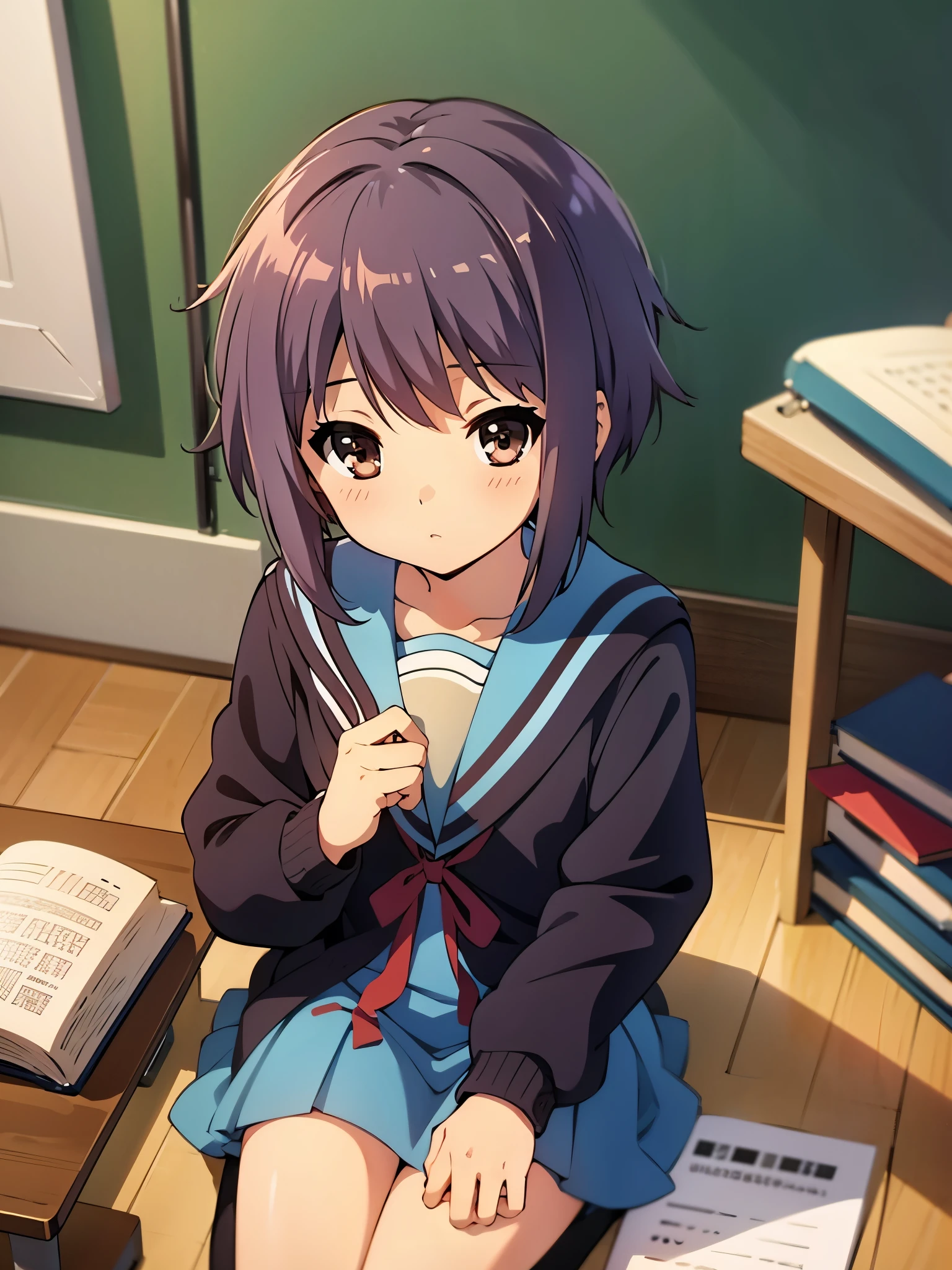 anime style, best quality, 8k, high res, masterpiece, wearing school uniform, detailed face, indoor, in crass room, sitting, have a book, looking book,
