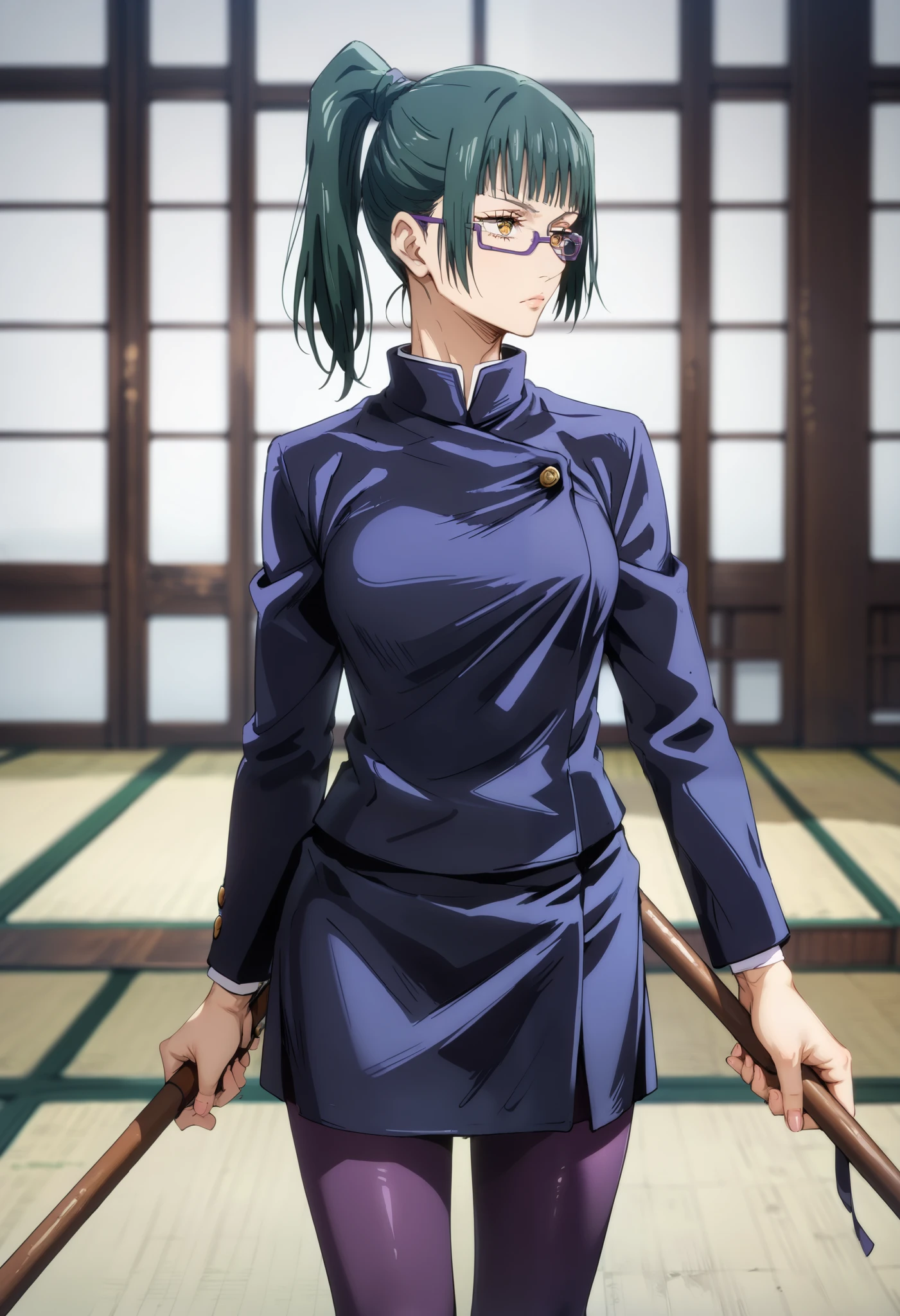 sfw, extremely detailed CG, high resolution, best quality, masterpiece, single woman, maki zenin (jujutsu kaisen), dark green hair, side bangs, hair tied back with a ponytail, golden eyes, (beautiful detailed eyes: 1.4), wears purple metal frame glasses, medium breasts, long legs, high-collared dark blue jacket, dark blue skirt, dark purple leggings, dark boots