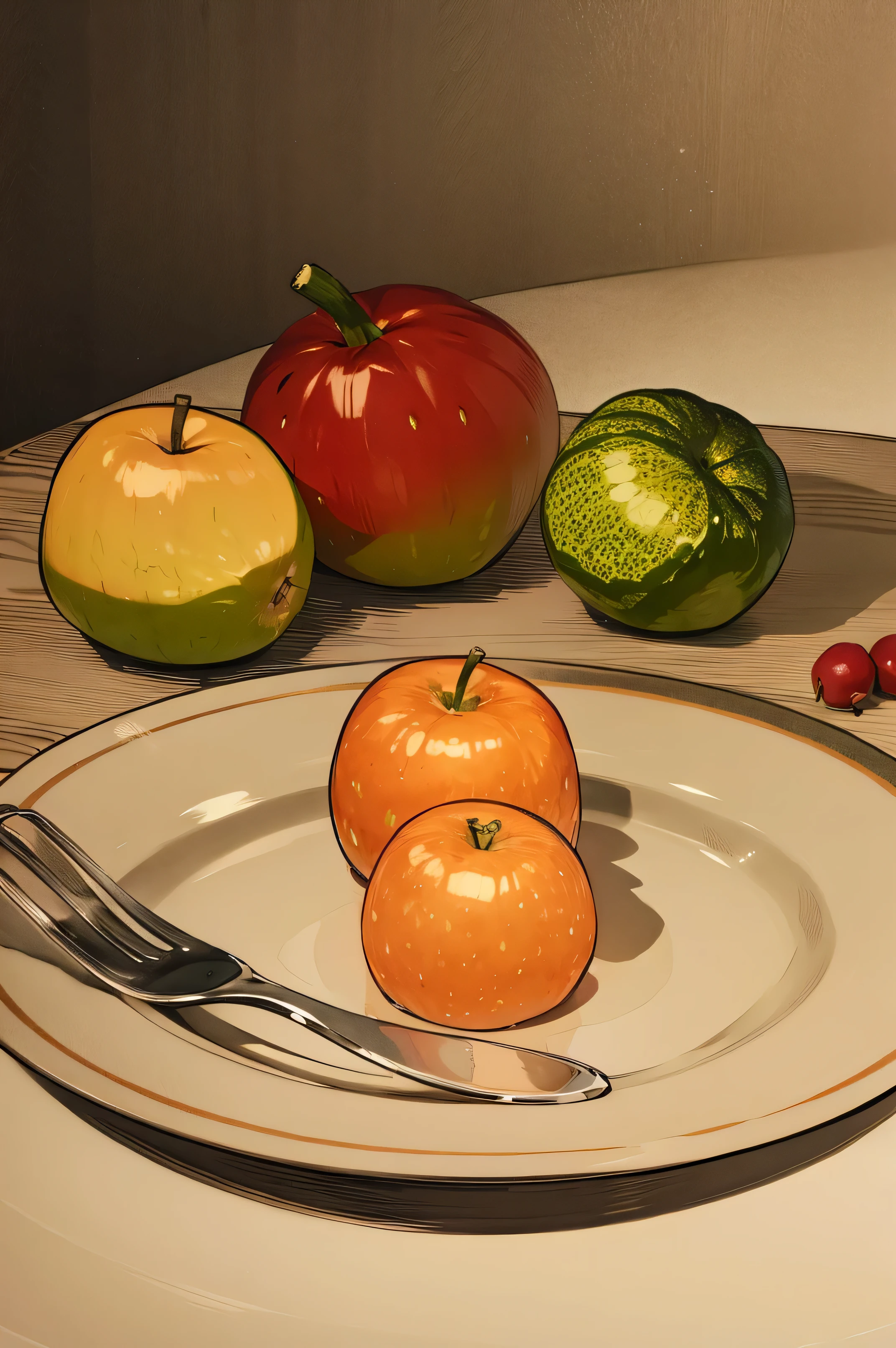 still life, three fruits on a plate.