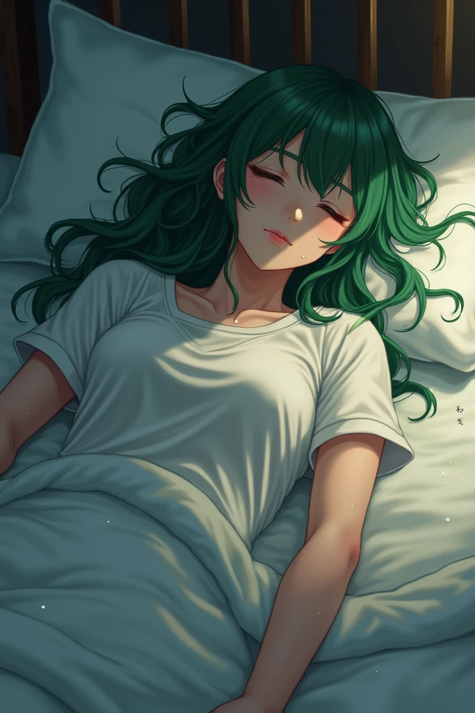 High resolution, perfect human anatomy, cat ears, front view, glossy hair, green hair, sleeping habit, bed, gradient eyes, flowing bangs, front angle, pajamas, yawn,