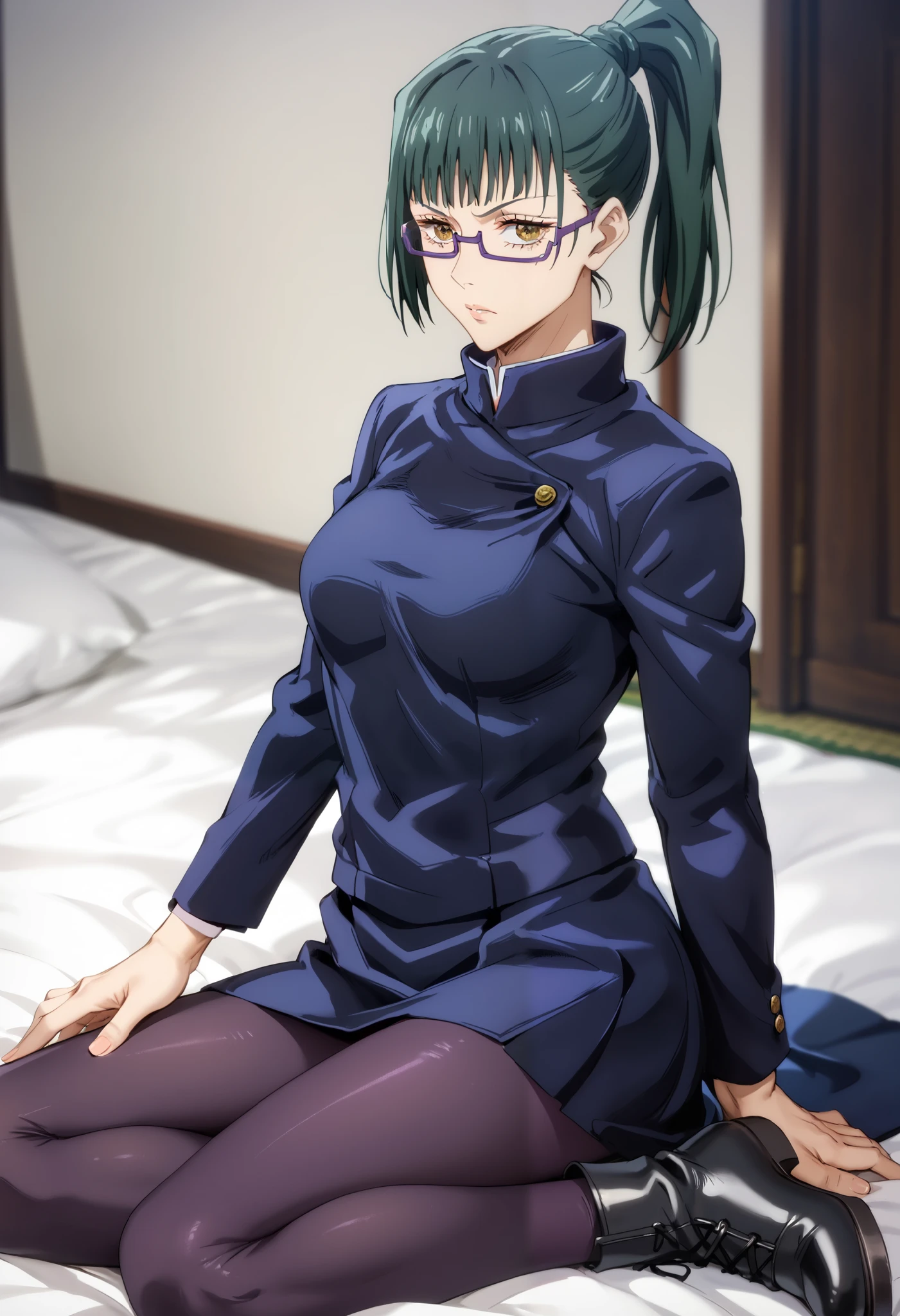 sfw, extremely detailed CG, high resolution, best quality, masterpiece, perfect face, single woman, maki zenin (jujutsu kaisen), dark green hair, side bangs, hair tied back with a ponytail, golden eyes, (beautiful detailed eyes: 1.4), wears purple metal frame glasses, medium breasts, long legs, high-collared dark blue jacket, dark blue skirt, dark purple leggings, dark boots, fierce expression