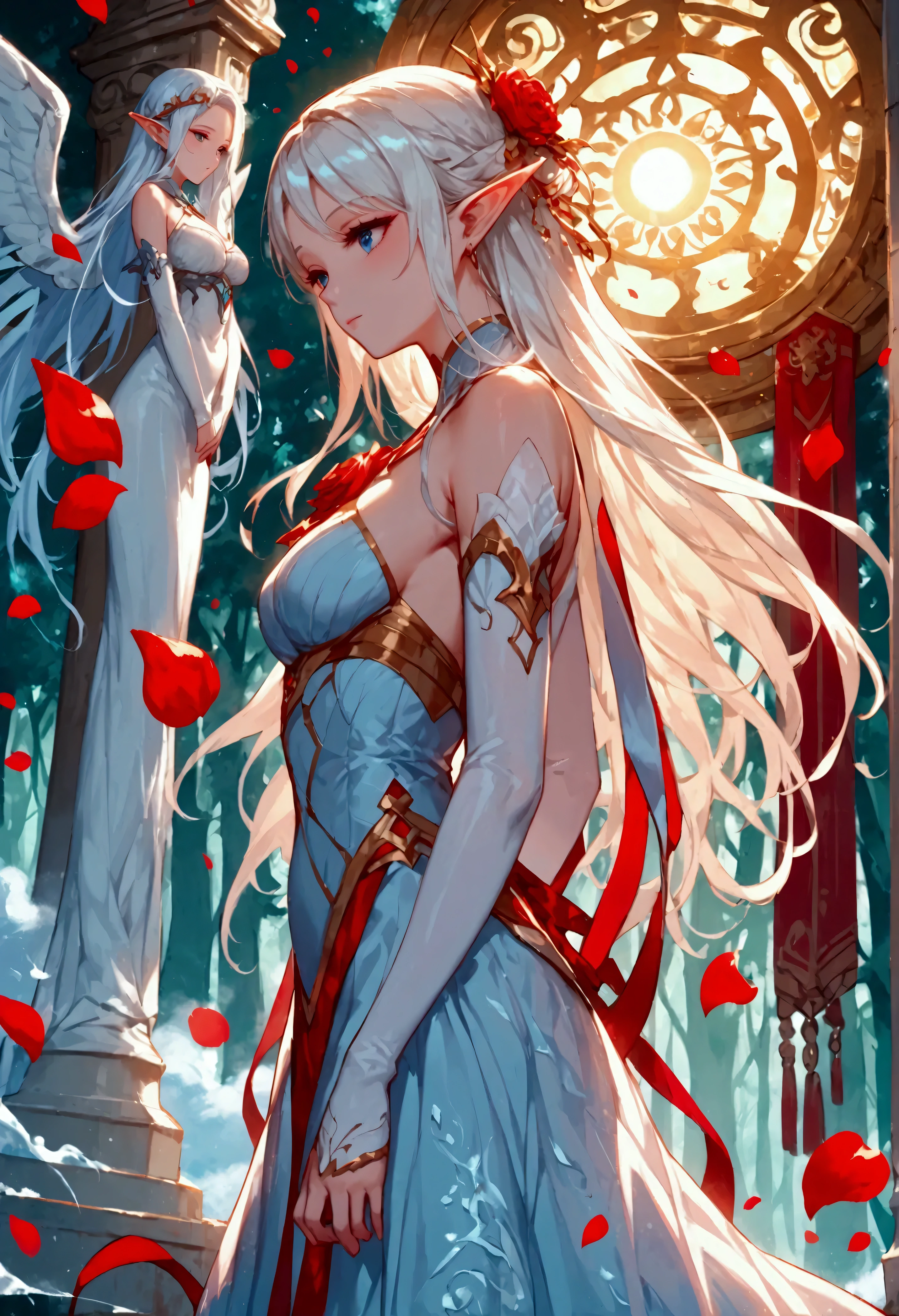 score_9, score_8_up, score_7_up, score_6_up, score_5_up, score_4_up, anime comic illustration fantasy art, (red petals: 1.3) falling from the sky on an ice statue of an a beautiful female elf standing in forest, cloud of red petals swirling around the ice statue, full body statue made from ice, beautiful elf, long icy hair strands, wearing icy dress, epic flowing (red petals: 1.3), swirling rose petals, fantasy forest background, it is dawn the sun rays reflect on the ice statue, sun rays hit the rose petals, ((high contrast: 1.5), [[anatomically correct]], high details, best quality, 8k, [ultra detailed], masterpiece, best quality, (extremely detailed), dynamic angle, intricate details