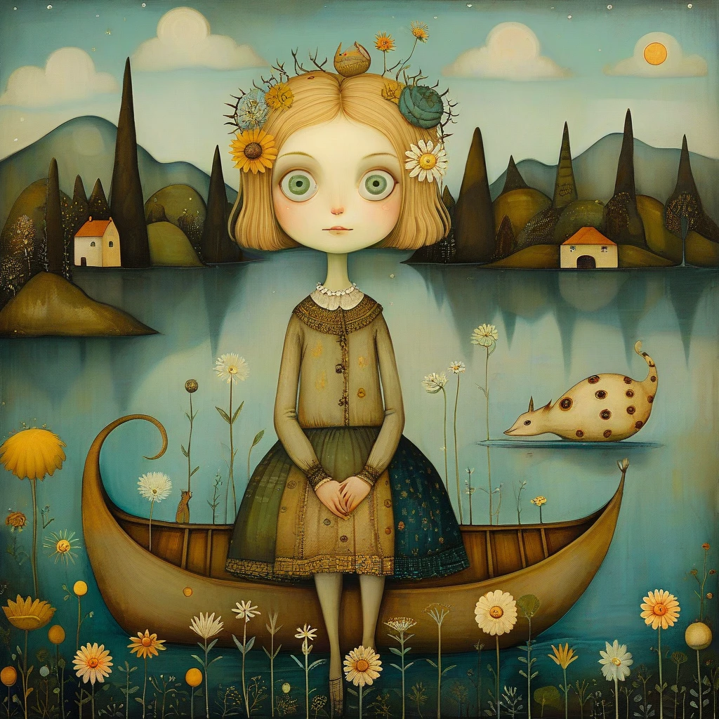 Patchwork by Klimt, Nicoletta Ceccoli, Naoto Hattori, Catrin Welz-Stein, Leonora Carrington of wide shot of A young woman, blond hair, skirt. Big, sweet blue-green eyes, barely-there smile. is sitting on a small boat. Lake with high mountains, dandelion flowers flying. Trees with leaves moving like bells. The sweet autumn of life that has passed
