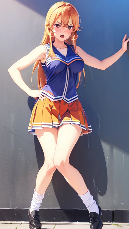 Beautiful female cheerleader、(Blue bloomers:1.2)、(Blue Shirt)、(Blue Skirt:1.4)、smile、whole body、Full Split Leg、(Open your arms:1.2)、(High Jump:1.2)、stage、Masterpiece、anime、Ultra-detailed、High Detail、Leg spread、jump、Sky Background、Gradient Background、cloud、From below、Slim figure、Ultra-high resolution、Detailed Background、masterpiece、Anatomically correct、Perfect Arms、Perfect hands、Perfect Fingers、pom-pom(cheer leading)、1 Girl、cute、Orange Hair、Twin tails、