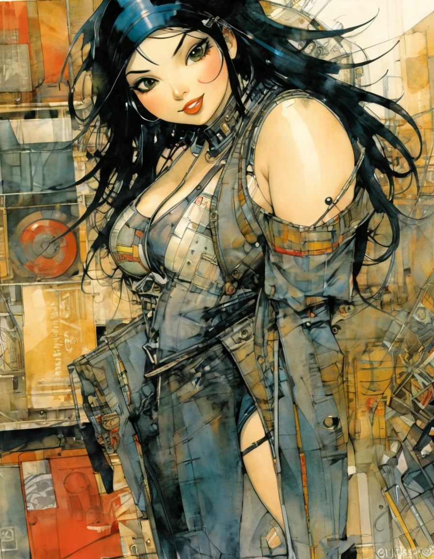 3/4 body illustration,voluptuous model,jrpg style,slim fit body,nice breasts,realism,(best quality,4k,8k,highres,masterpiece:1.2),(ultra-detailed,photorealistic:1.37),studio lighting,sharp focus,physically-based rendering,digital art, (woman, wavy hair, twintails, asymmetrical bangs, printed micro bikini top, jacket, miniskirt, thighhighs, choker, smile, parted lips, cute look), (standing at the city alley with elaborate details, city streets in background, late evening)