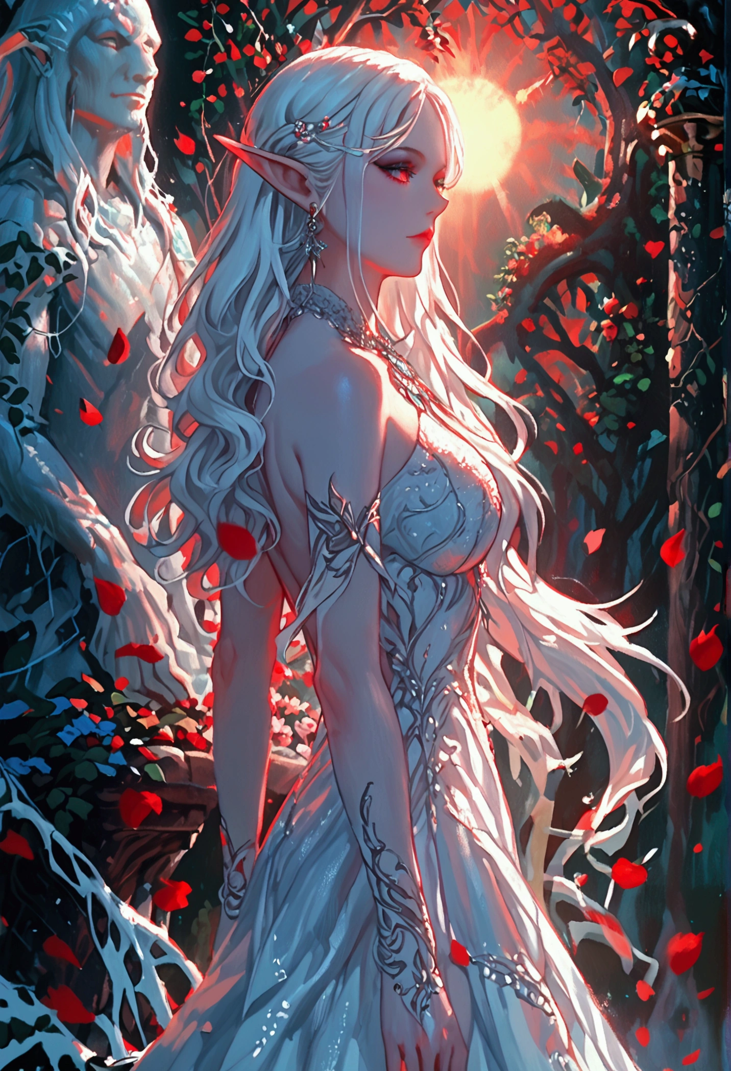 score_9, score_8_up, score_7_up, score_6_up, score_5_up, score_4_up, anime comic illustration fantasy art, (red petals: 1.3) falling from the sky on an ice statue of an a beautiful female elf standing in forest, cloud of red petals swirling around the ice statue, full body statue made from ice, beautiful elf, long icy hair strands, wearing icy dress, epic flowing (red petals: 1.3), swirling rose petals, fantasy forest background, it is dawn the sun rays reflect on the ice statue, sun rays hit the rose petals, ((high contrast: 1.5), [[anatomically correct]], high details, best quality, 8k, [ultra detailed], masterpiece, best quality, (extremely detailed), dynamic angle, intricate details, FAIstyle