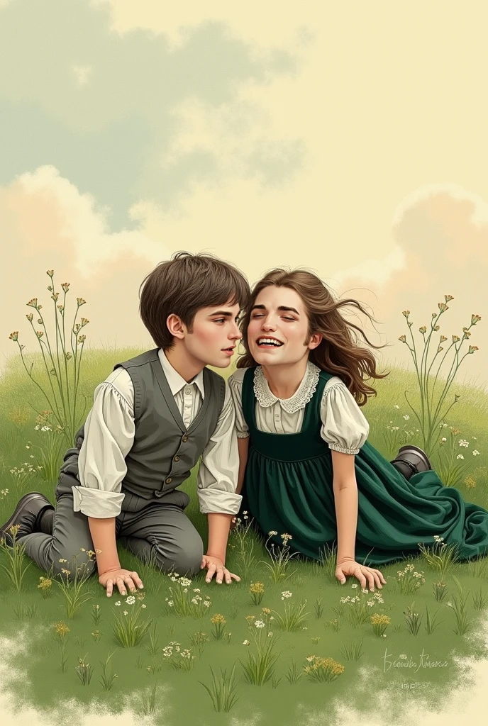 painting of a boy and girl kissing in a field of flowers, peasant boy and girl first kiss, ( art fitzpatrick ), boy girl traditional romance, romance novel cover, by Harold Sandys Williamson, by Art Fitzpatrick, by Robert Alwyn Hughes, by Jon Whitcomb, boy and girl, by Roy Dalgarno, angus mcbride, by John Philip Falter
