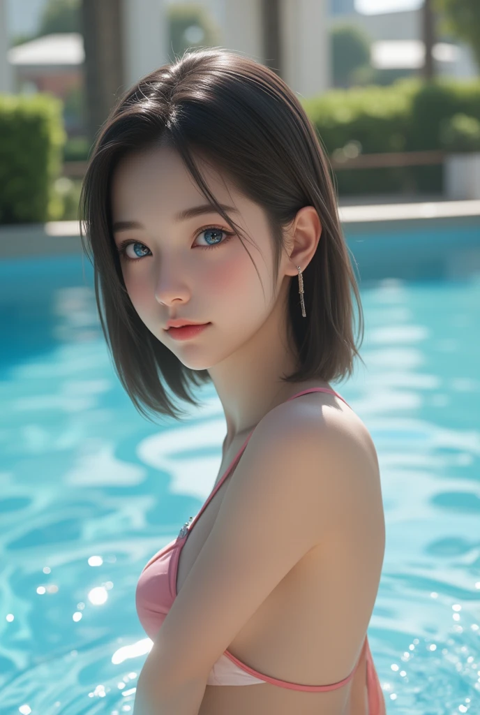Highest quality、masterpiece、Ultra-high resolution、(Realistic:1.4)、Beautiful woman、、smile、Chestnut shortcut、Orange Eyes、Last Blue Swimsuit、Pool