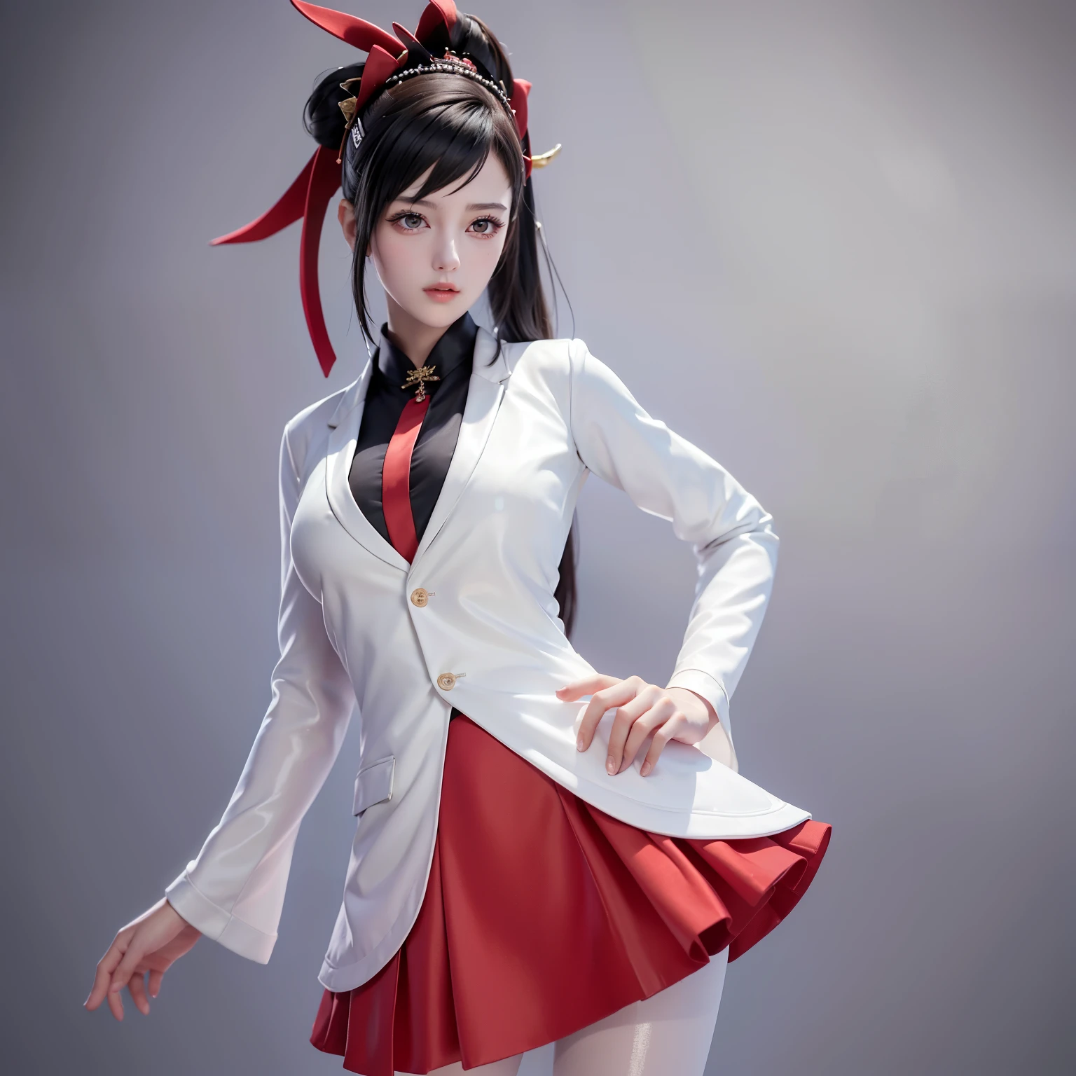 (  masterpiece ,   Best Quality  ),    Intricate details , 8k,    wallpaper, official art, , sharp focus,  a girl, Ha Yuri Zahard ,     detailed face,   perfect eyes, white jacket, black shirt, gravata, red skirt,    ponytail ,    hair ribbon   , pantyhose, closed jacket,  making a sexy pose 