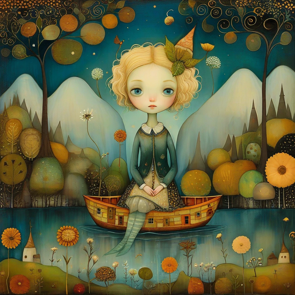 Patchwork by Klimt, Nicoletta Ceccoli, Naoto Hattori, Catrin Welz-Stein, Leonora Carrington of wide shot of A young woman, blond hair, skirt.  sweet blue-green eyes, barely-there smile. is sitting on a small boat. Lake with high mountains, dandelion flowers flying. Trees with leaves moving like bells. The sweet autumn of life that has passed
