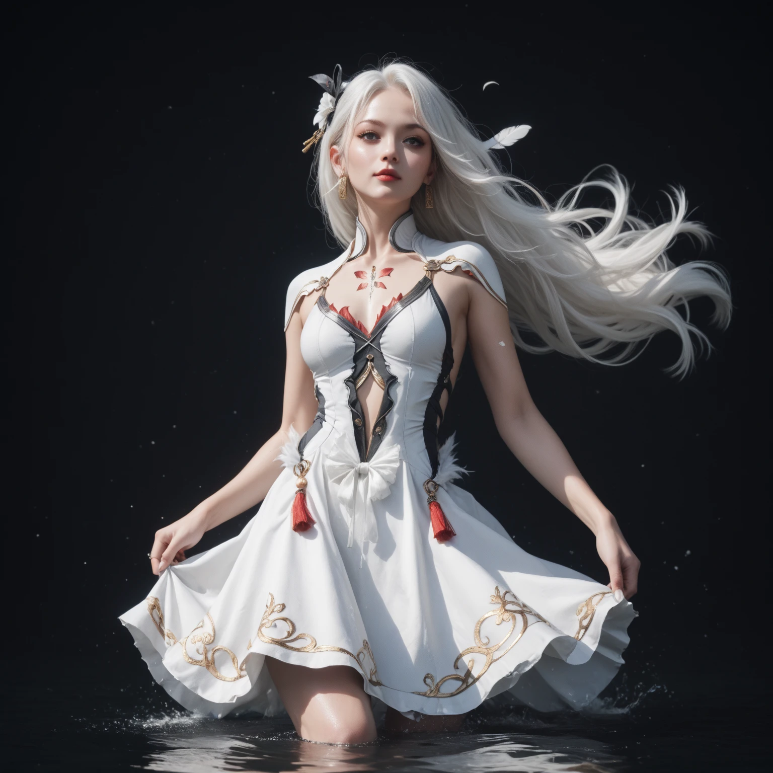 1 woman , China , white dress, Long hair , white hair , White skin , A tattoo on a woman's back, wear white feather dress in cool style, black background  ,  water floating in the air around woman , กลางคืน , ภาพประกอบอนิเมะ