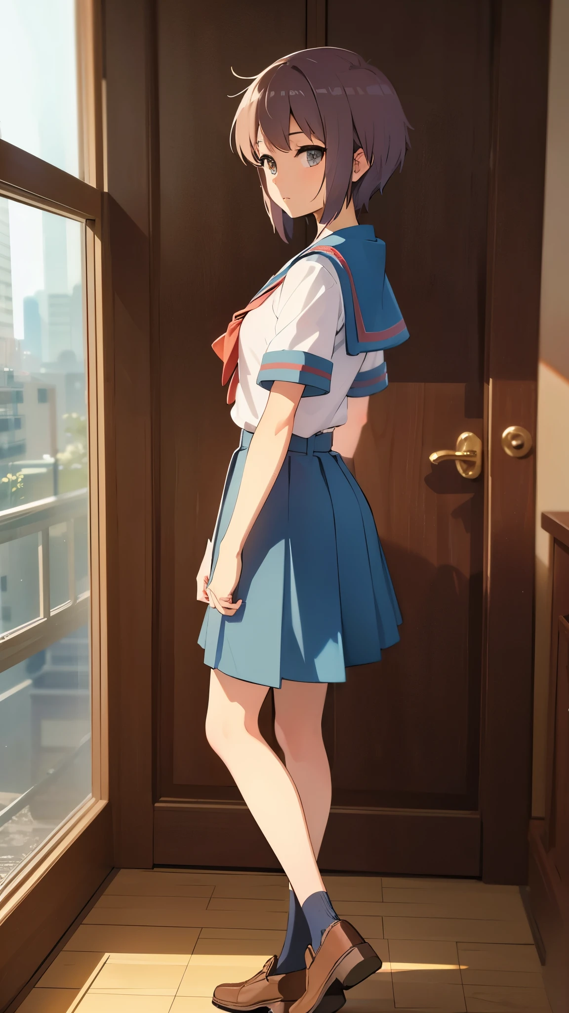 anime style, best quality, 8k, high res, masterpiece, wearing school uniform, detailed face, indoor, in crass room, from side, standing, full body shot,