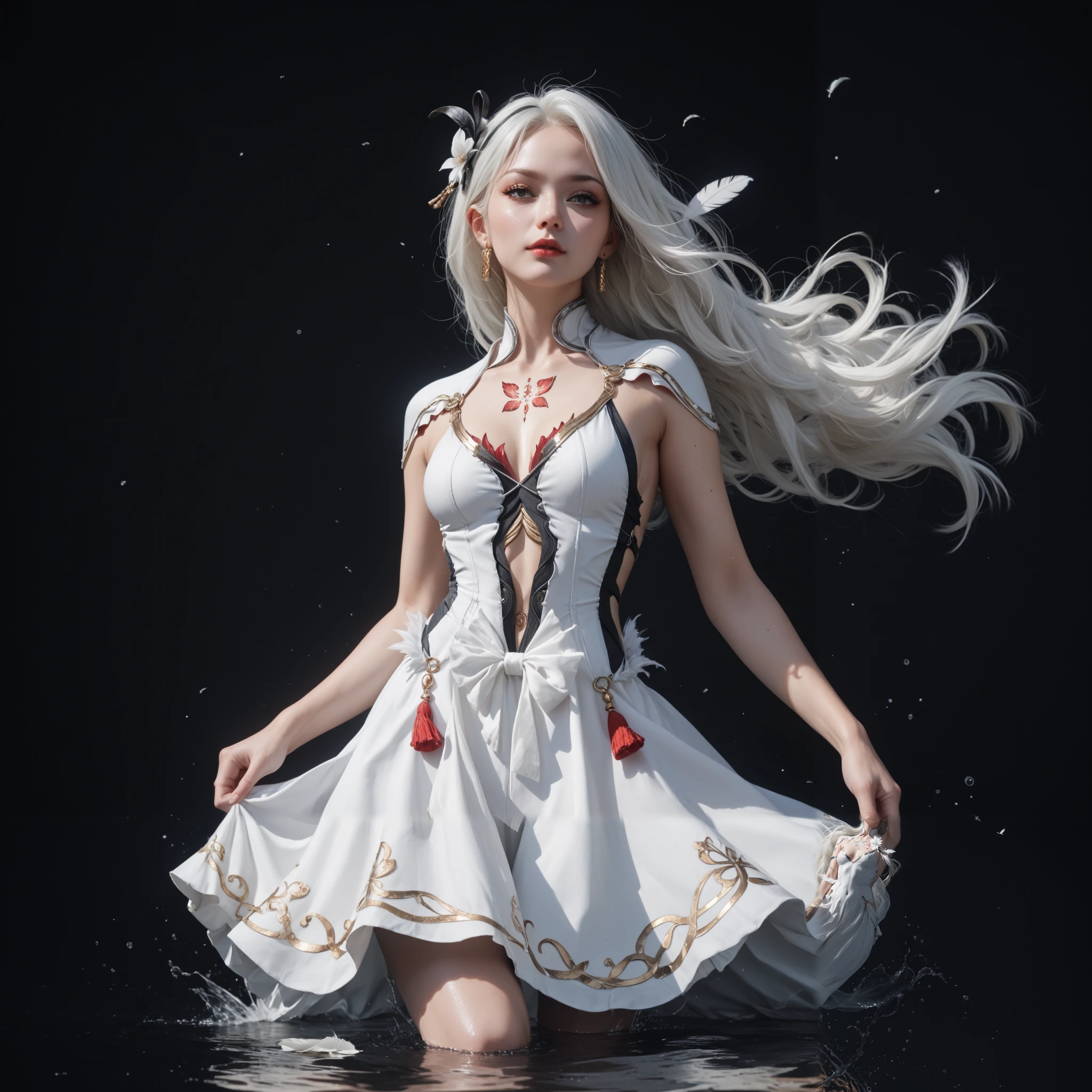 1 woman , China , white dress, Long hair , white hair , White skin , A tattoo on a woman's back, wear white feather dress in cool style, black background  ,  water floating in the air around woman , กลางคืน , ภาพประกอบอนิเมะ