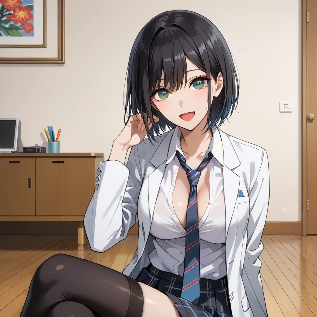   score_9,  score_8_up,  score_7_up,  source_Anime,masterpiece, big eyes,smile 、  best quality,  BEAUTIFUL AND DETAILED EYES  , Desperate look 、 pretty girl 、 highly detailed eyes and face, black eyes,cleavage,partially unbuttoned,black hair, short hair, Brown eyes,  1girl, Alone,white blazer、white Jacket,white shirt, high school girls、school uniform、 Checked Skirt  、blue and black skirt,Big Breasts , No emotion 、 zitales  , makeup, black thighhighs,Slim Leg,sit up,no makeup, zitales  、open mouth,room、 day, plaid tie、red and blue tie