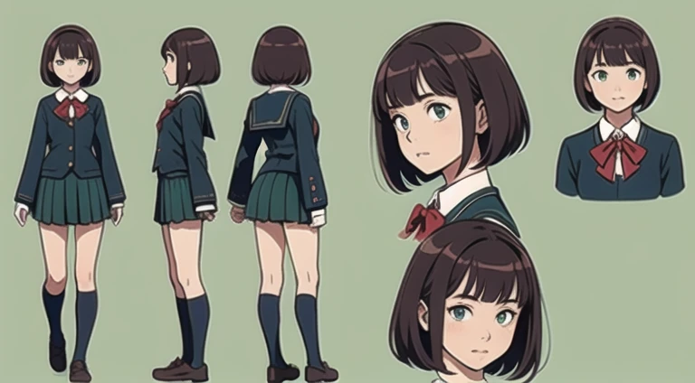 (  Masterpiece ),  best quality, ( character design sheet,  Same character, whole body, side, return), Illustration, ( Beautiful Detailed Hair Detailed Face),  one girl , Alone, Perfect female face, Very cute young girl, posture, Detailed design characters,  maroon hair in the garden, left sided bangs,  short hair , Green Eyes,  school uniform, (simple returnground, white returnground: 1.3)