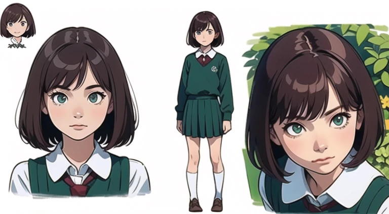 (  Masterpiece ),  best quality, ( character design sheet,  Same character, whole body, side, return), Illustration, ( Beautiful Detailed Hair Detailed Face),  one girl , Alone, Perfect female face, Very cute young girl, posture, Detailed design characters,  maroon hair in the garden, left sided bangs,  short hair , Green Eyes,  school uniform, (simple returnground, white returnground: 1.3)