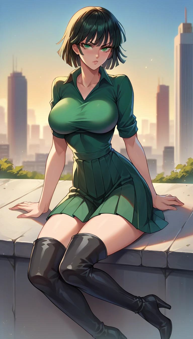 score_9, score_8_up, score_7_up, source_anime,
fubuki, fubuki, black hair, green eyes, short hair,
outdoors, cityscape,
looking at viewer, , wide hips, thighs, big breast, pleated skirt, Thigh-high heeled boots, rolled up blouse, sitting