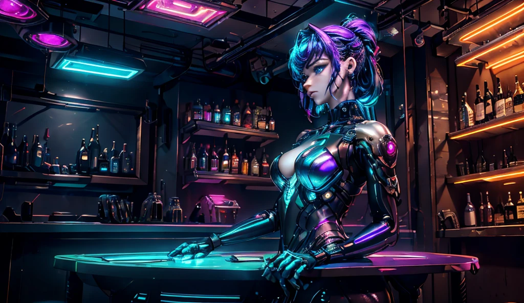 Ghost in a shell, interior of a futuristic bar, cyberpunk, 1girl sitting on the chair and drinking a futuristic soda, trending on ArtStation, Intricate, High Detail, Sharp focus, dramatic, photorealistic, intricately detailed, (amazing details:1.2), highly detailed skin, (detailed eyes:1.2), striking eyes, (detailed background), (dynamic angle:1.2), (dynamic pose:1.2), (Line of action:1.2),