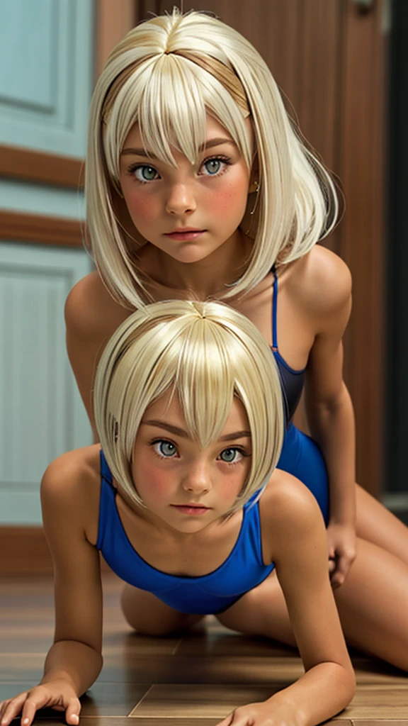 Create an image of petite young Maddie Ziegler  from the music video "Chandelier," . Her eyes should be depicted as blue, with a bright and vibrant hue that stands out. Capture the youthful and expressive quality of her face, which enhance her dance performances.  Ensure her fair skin tone with matching nude skin tone colored leotard and platinum blonde bobbed wig are included to complement her striking figure, contributing to a visually captivating look. She has fallen backwards and is laying sprawled out, her back on the floor, she is  looking up confused. Entire figure view. Extremely high graphic detail. Anatomically correct. Photorealistic.