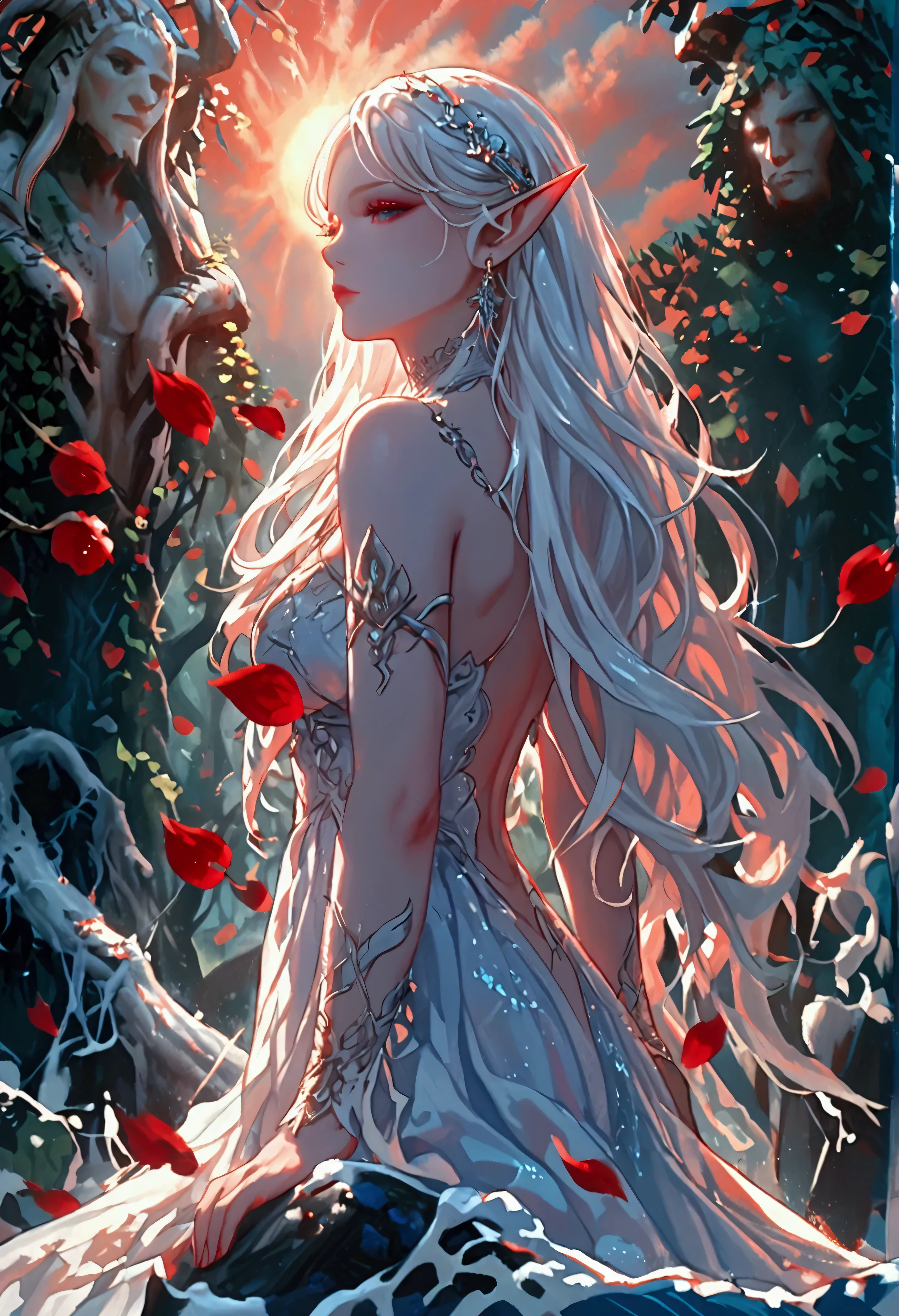 score_9, score_8_up, score_7_up, score_6_up, score_5_up, score_4_up, anime comic illustration fantasy art, (red petals: 1.3) falling from the sky on an ice statue of an a beautiful female elf standing in forest, cloud of red petals swirling around the ice statue, full body statue made from ice, beautiful elf, long icy hair strands, wearing icy dress, epic flowing (red petals: 1.3), swirling rose petals, fantasy forest background, it is dawn the sun rays reflect on the ice statue, sun rays hit the rose petals, ((high contrast: 1.5), [[anatomically correct]], high details, best quality, 8k, [ultra detailed], masterpiece, best quality, (extremely detailed), dynamic angle, intricate details, FAIstyle