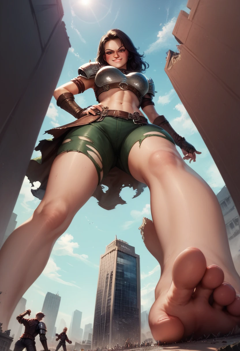 rogue woman, fantasy leather armor. Tempted look. Torn clothing, Blushing. Smirk, midriff exposed, Long black hair, giantess, low angle, towerring over city, bare foot, raised leg, sole