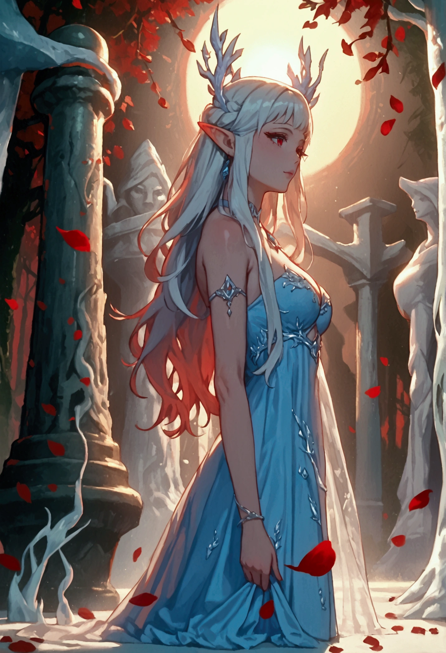 score_9, score_8_up, score_7_up, score_6_up, score_5_up, score_4_up, anime comic illustration fantasy art, (red petals: 1.3) falling from the sky on an ice statue of an a beautiful female elf ((made from ice)) standing in forest, cloud of red petals swirling around the ice statue, full body statue made from ice, beautiful elf, long icy hair strands, wearing icy dress, epic flowing (red petals: 1.3), swirling rose petals, fantasy forest background, it is dawn the sun rays reflect on the ice statue, sun rays hit the rose petals, ((high contrast: 1.5), [[anatomically correct]], high details, best quality, 8k, [ultra detailed], masterpiece, best quality, (extremely detailed), dynamic angle, intricate details, FAIstyle