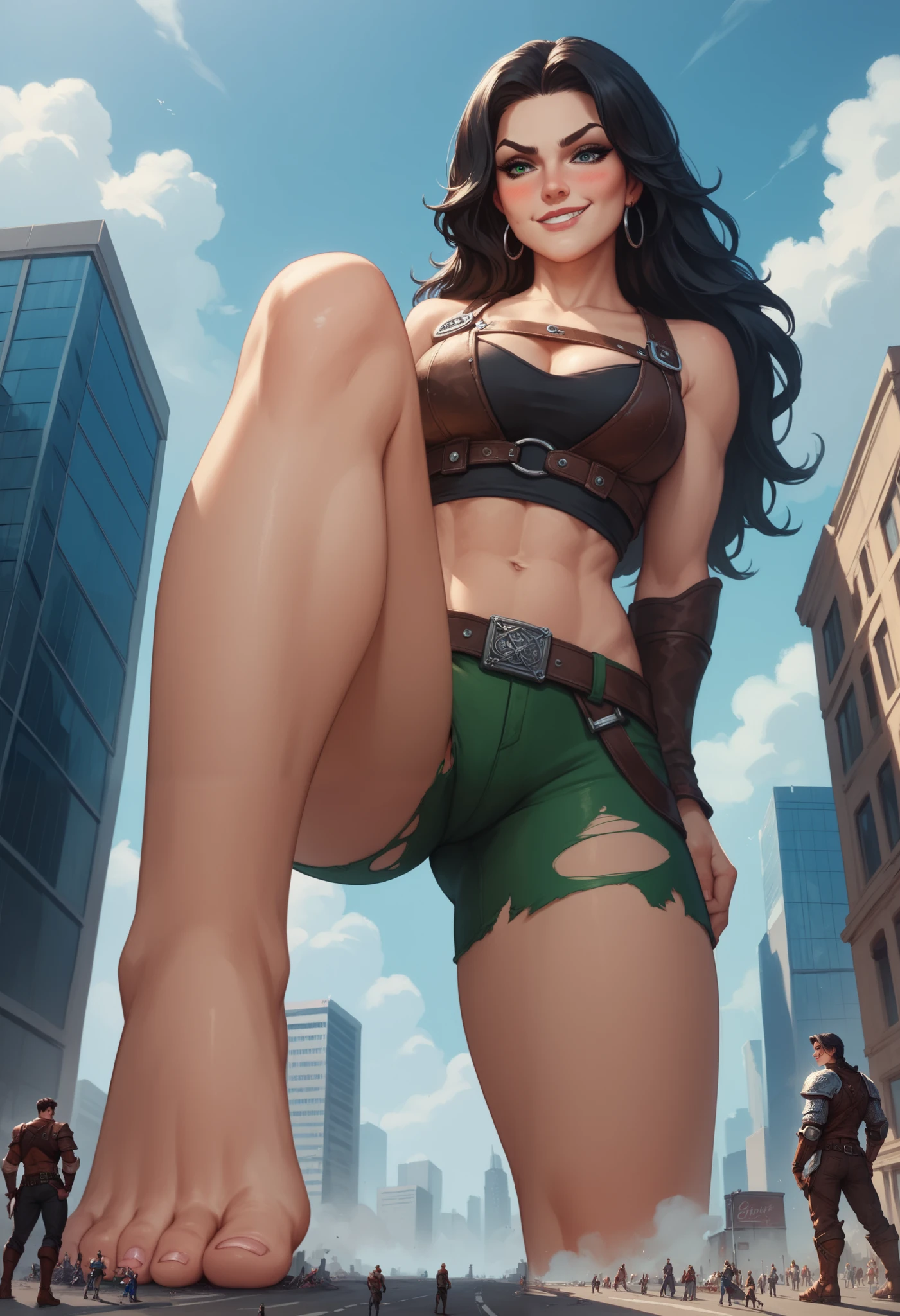 rogue woman, fantasy leather armor. Tempted look. Torn clothing, Blushing. Smirk, midriff exposed, Long black hair, giantess, low angle, towerring over city, bare foot, raised leg, sole