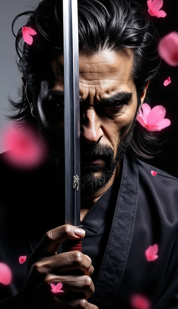 a swordsman in black jinbei is unsheathing his katana in front of his face. the katana is blocking part of his face, with the reflection on the katana brightly shining. the environment is dark, with dramatic light casting on the swordsman's face. pink sakura petals are flying around, they are all brightly colored and glowing. the atmosphere is cinematic, dramatic and epic.