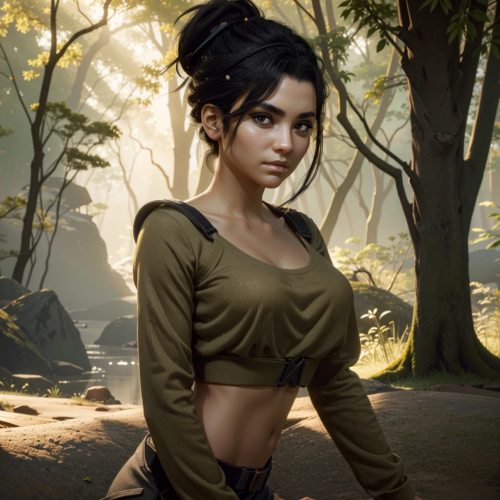 (masterpiece:1.2),(best quality:1.2),(high resolution:1.2)
 CyberPanam, 1girl, solo, black hair, brown eyes, single hair bun, enchanted forest, twilight, ethereal and mystical with soft golden light